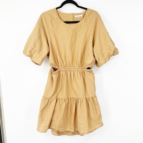 Madewell Seersucker Puff-Sleeve Cutout Mini Dress in Seed Khaki - Picture 2 of 8
